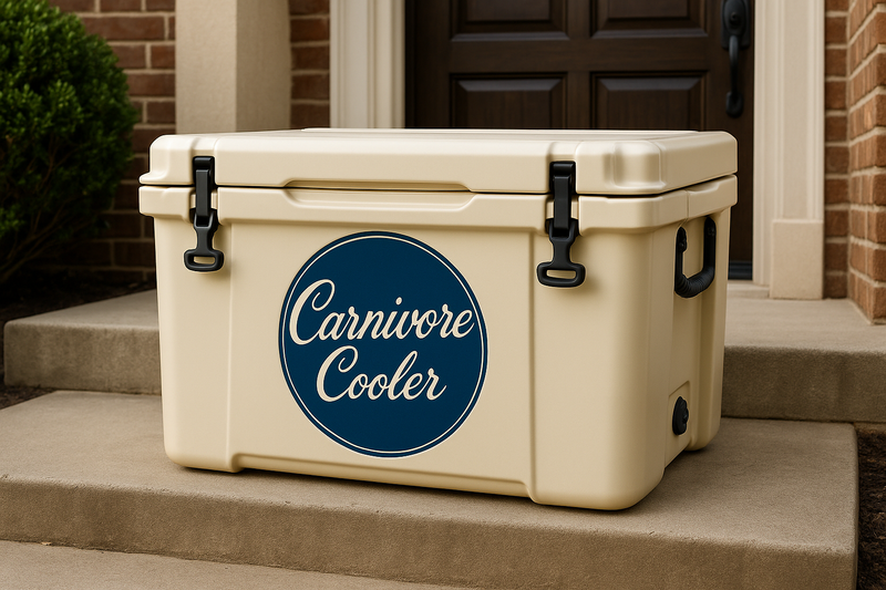 I need a luxury large sized cooler that is delivered on a persons front steps with our cursive carnivore cooler logo on the front of the cooler making sure that the logo is a blue circle with the cursive text inside the logo